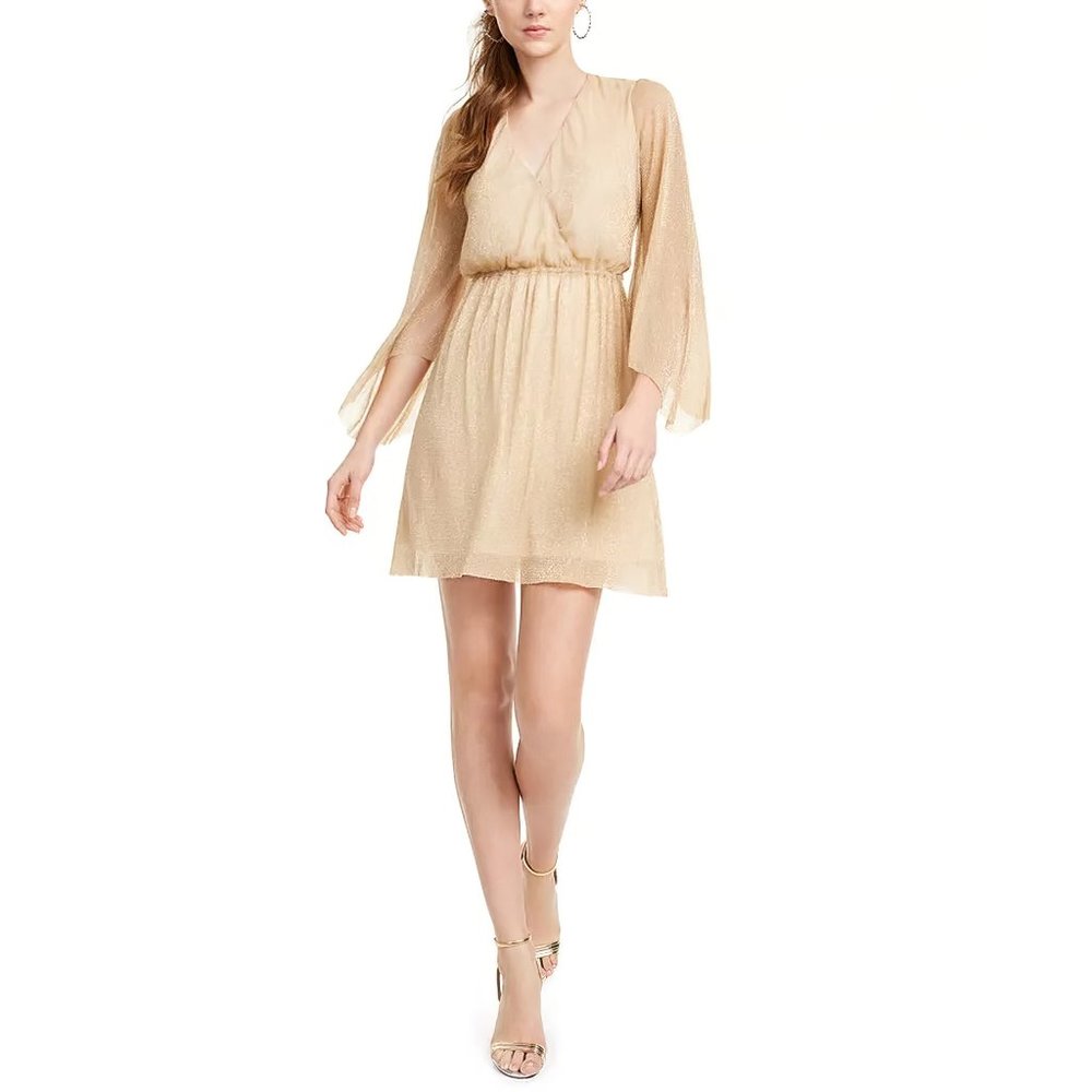 19 Cooper Women V Neck Metallic Bell Sleeve Mini Dress Gold XL